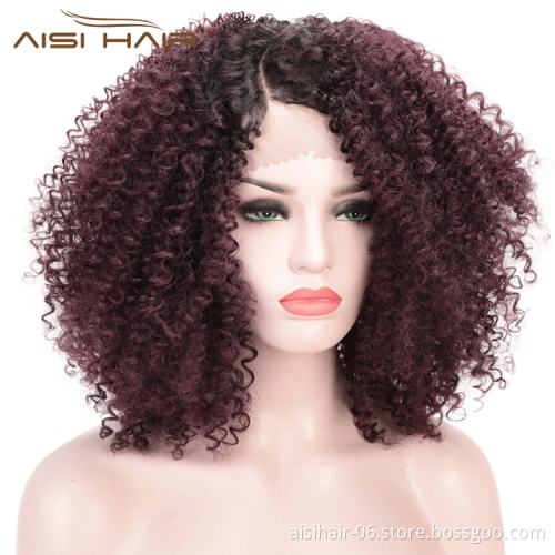 Aisi Hair 14 Inch Short Ombre Brown Dark Root Wig Afro Kinky Curly Lace Front Wig Synthetic Front Lace Hair Wigs For Black Women